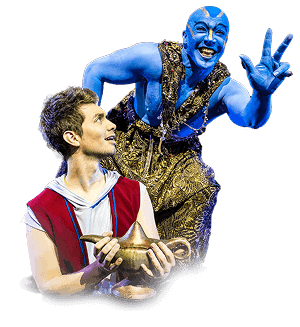 Aladin hält eine goldene Wunderlampe in den Händen, während hinter ihm ein fröhlicher, blau bemalter Flaschengeist mit erhobenen Fingern erscheint.