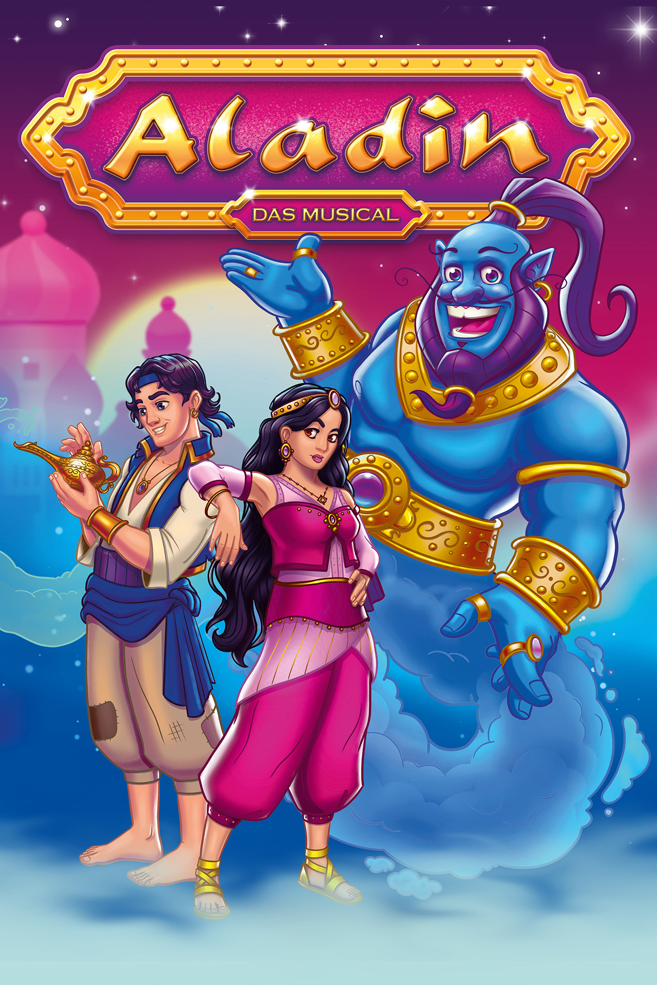 Illustrierte Figuren von Aladin, Prinzessin Jasmin und dem Dschinni vor einem märchenhaften Nachthimmel, darunter der Titel „Aladin – das Musical“, Illustration von Kai Wienen, © Theater Liberi.