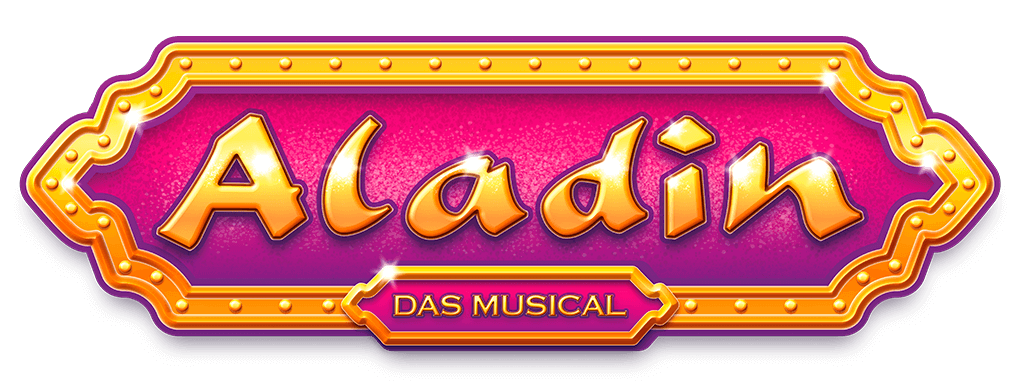 Glänzender, goldener Schriftzug „Aladin – das Musical“ auf einem violetten Schild mit orientalisch-verspieltem Rahmen und goldenen Nieten.