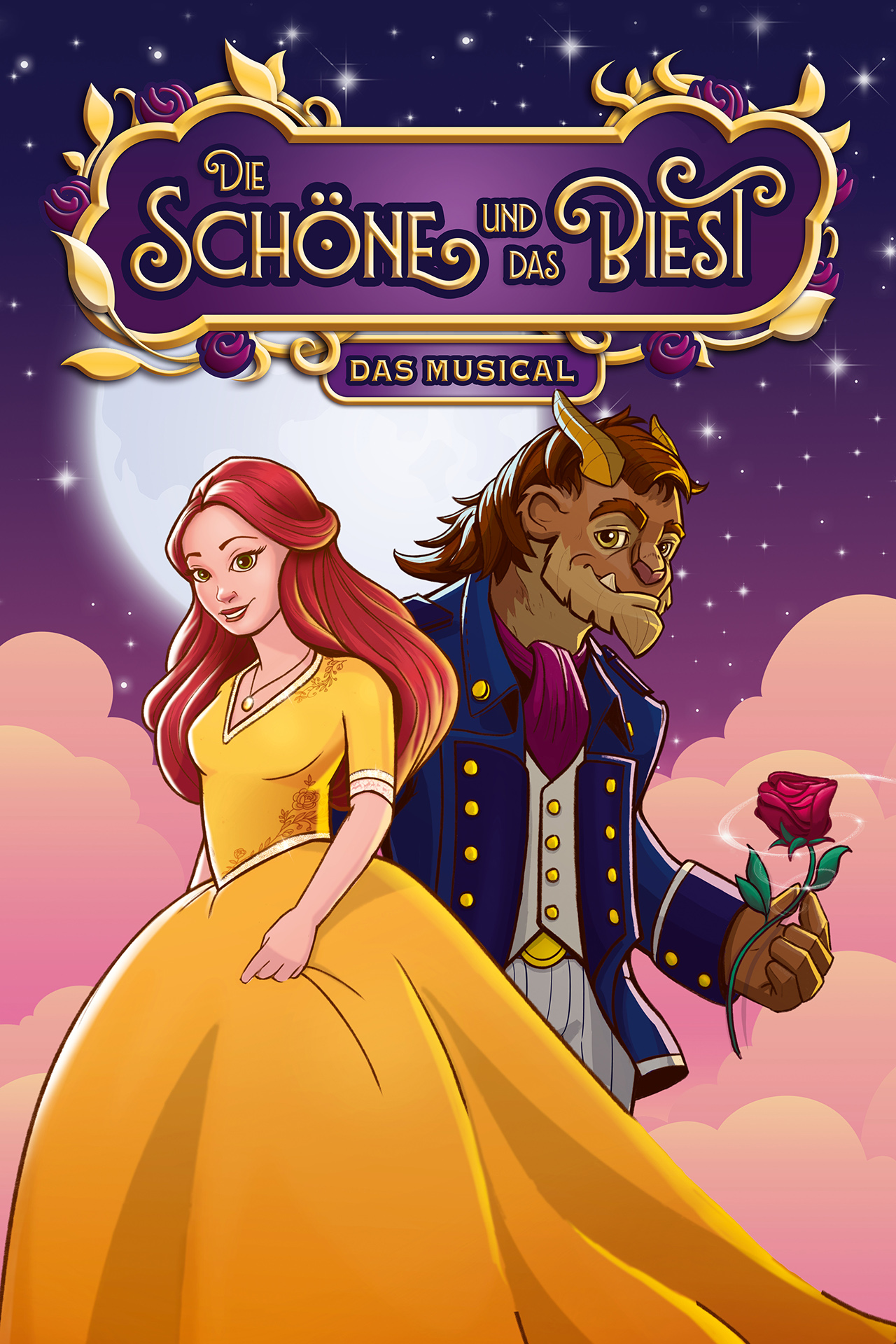 Illustrierte Figuren von der Schönen in gelbem Ballkleid und dem Biest mit Rose in der Hand, vor romantischem Himmel und dem Titel „Die Schöne und das Biest – das Musical“. 