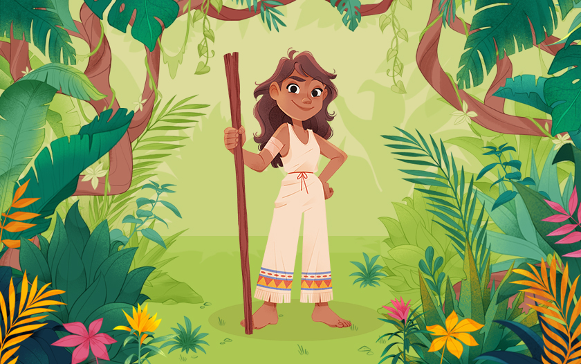 Illustration eines Mädchens mit Stab im Dschungel aus Dschungelbuch Musical