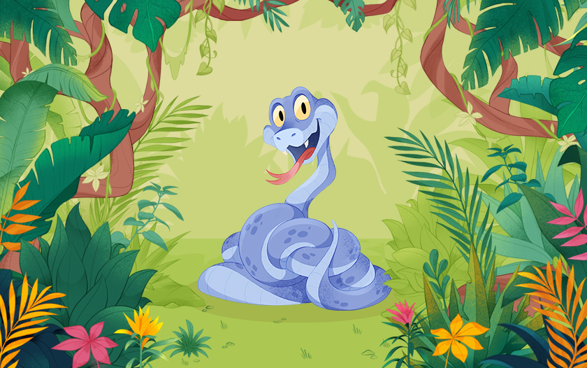 Illustration einer Schlange im Dschungel aus Dschungelbuch – das Musical
