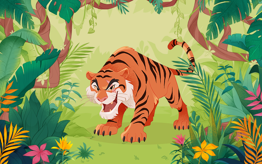 Illustration eines Tigers im Dschungel aus Dschungelbuch – das Musical