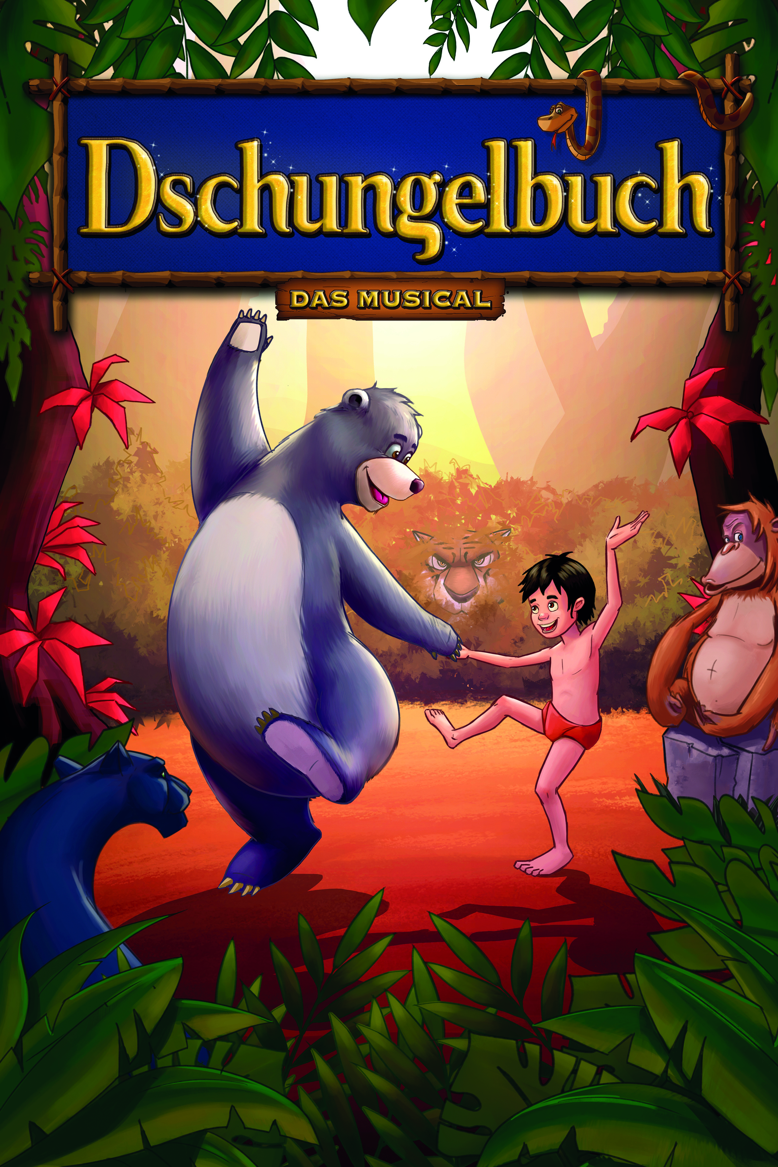 Balu der Bär und Mogli tanzen fröhlich im Dschungel. Über ihnen prangt der Titel „Dschungelbuch – das Musical“.