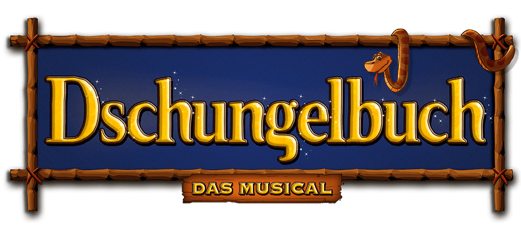 Logo des Familienmusicals „Dschungelbuch – das Musical“ von Theater Liberi mit gelber Schrift auf blauem Hintergrund und gezeichneter Schlange im Rahmen