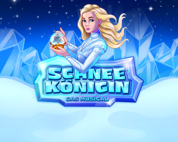 Illustration der Schneekönigin mit offener Schneekugel in winterlicher Landschaft