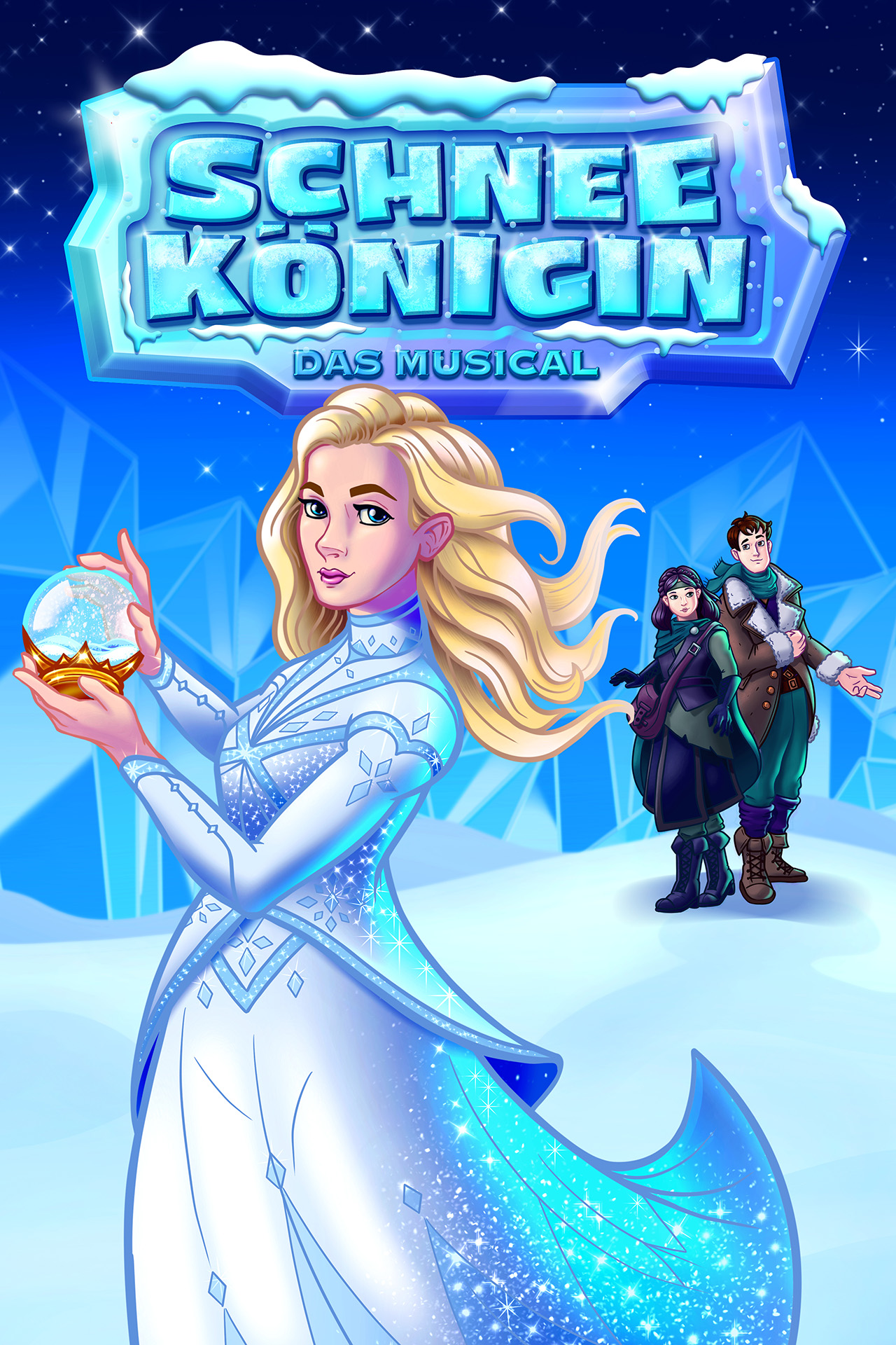 Illustration der Schneekönigin mit Kay und Gerda im Hintergrund, winterliche Eislandschaft
