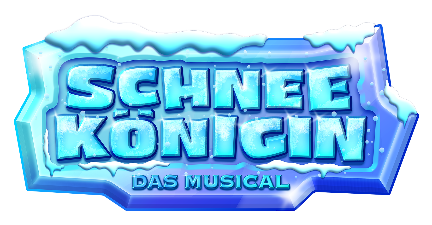 Eisiger Schriftzug ‚Schneekönigin – das Musical‘ in kühlen Blautönen mit frostigem Rand und Eiskristallen, stilisiert wie ein eingefrorenes Schild
