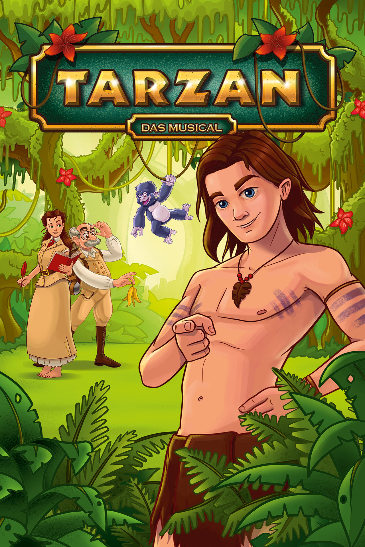 Illustration des Tarzan-Musicals: Tarzan mit langem braunem Haar steht selbstbewusst im Dschungel, umgeben von Jane, einem älteren Forscher und einem lila Gorilla, darüber das Logo „Tarzan – das Musical“.