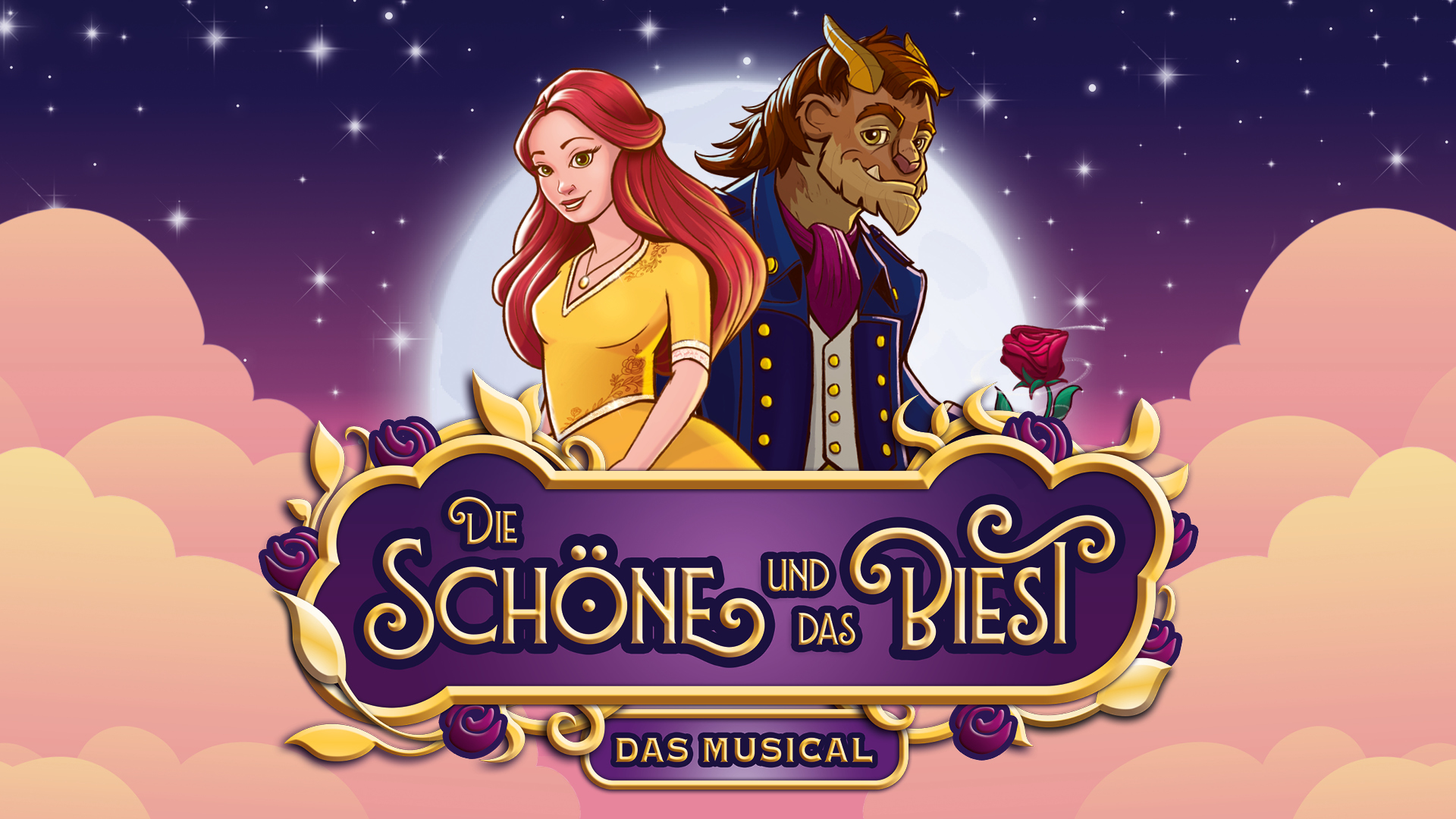 Illustrierte Figuren von der Schönen in gelbem Ballkleid und dem Biest mit Rose in der Hand, vor romantischem Himmel und dem Titel „Die Schöne und das Biest – das Musical“. Illustration: Kai Wienen, © Theater Liberi.