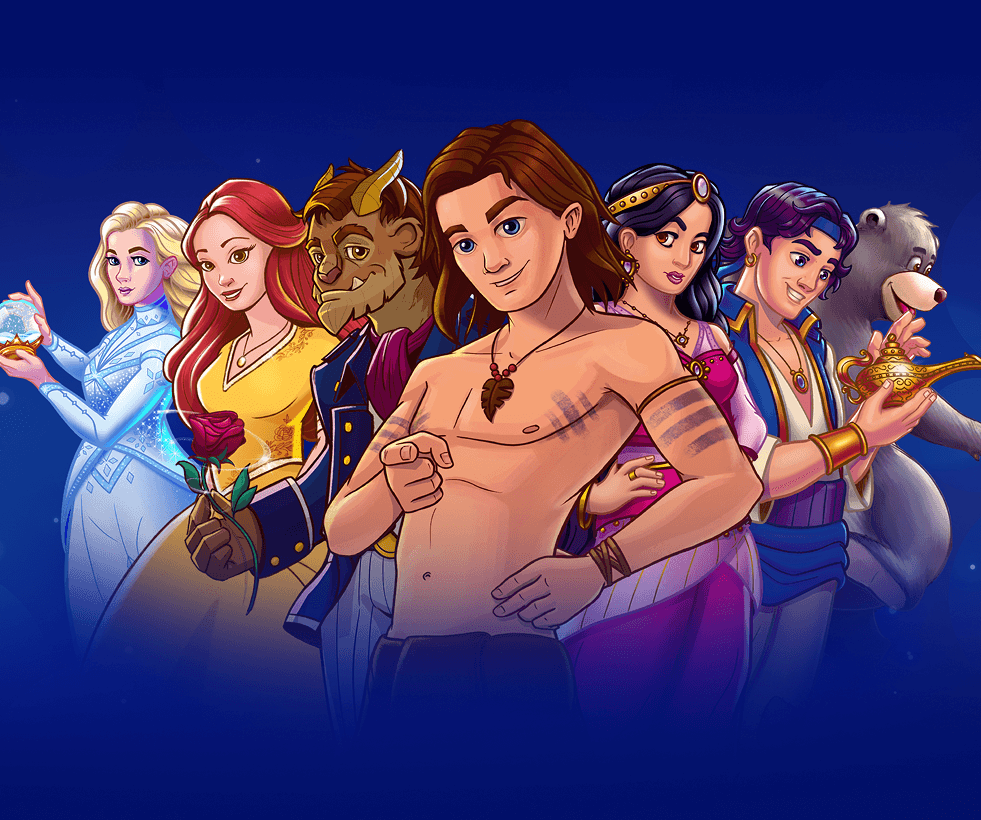 Illustrierte Hauptfiguren der Theater-Liberi-Produktionen: Schneekönigin mit Kristallkugel, Belle mit Rose, das Biest, Tarzan, Prinzessin, Aladin mit Wunderlampe und Balu der Bär vor blauem Hintergrund.