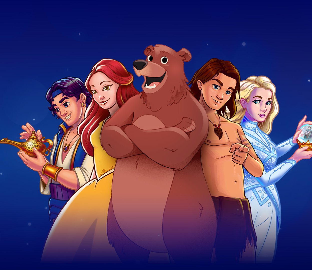 Illustrierte Hauptfiguren der Theater-Liberi-Produktionen: Schneekönigin mit Kristallkugel, Belle mit Rose, das Biest, Tarzan, Prinzessin, Aladin mit Wunderlampe und Balu der Bär vor blauem Hintergrund.