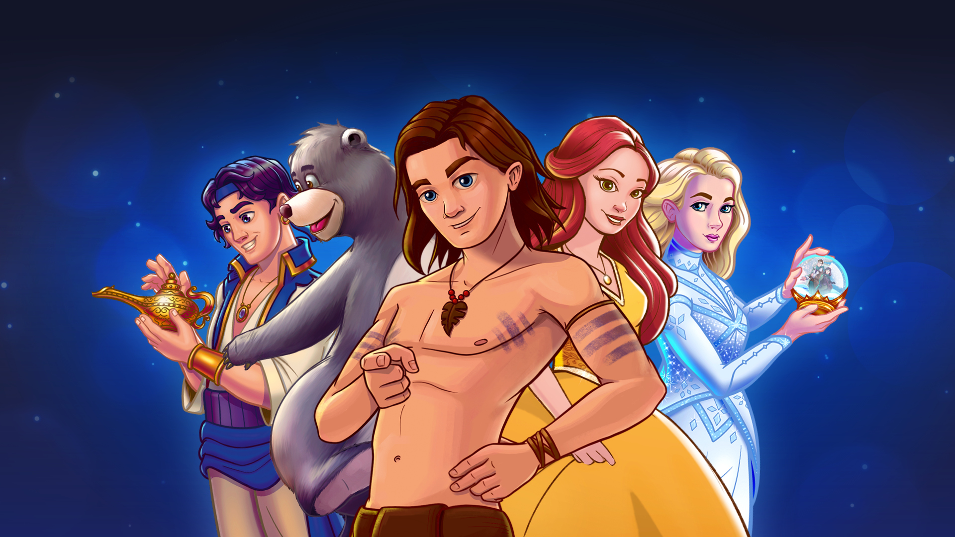 Illustration mit den Helden der Theater Liberi Musicals: Aladin mit der Wunderlampe, Balu der Bär, Tarzan, Belle und die Schneekönigin.