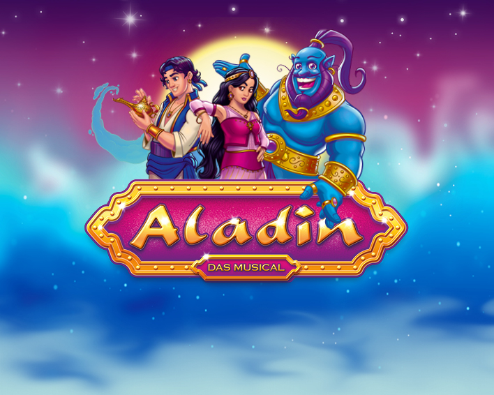 Illustrierte Figuren von Aladin, Prinzessin Jasmin und dem Dschinni vor einem märchenhaften Nachthimmel, darunter der Titel „Aladin – das Musical“, Illustration von Kai Wienen, © Theater Liberi.