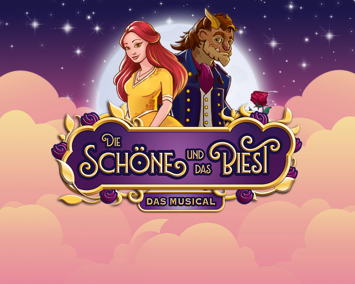 Illustrierte Figuren von der Schönen in gelbem Ballkleid und dem Biest mit Rose in der Hand, vor romantischem Himmel und dem Titel „Die Schöne und das Biest – das Musical“. 