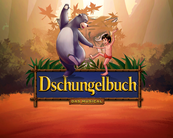 Balu der Bär und Mogli tanzen fröhlich im Dschungel vor dem Titel „Dschungelbuch – das Musical“.